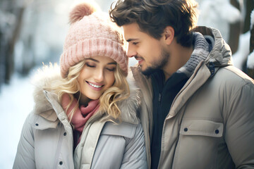 Fototapeta premium portrait of a happy loving couple in warm clothes outdoors in winter. love and family relationships