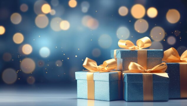 Luxury gift boxes on a blurry background, blue gift boxes on a blue background, in the style of soft edges and blurred details, blue gift boxes present, matte photo, wrapped
