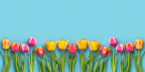 Bordure de tulipes sur fond bleu comme symbole de l'arrivée du printemps le 20 mars, premières fleurs commercialisées au printemps - espace négatif pour texte copyspace