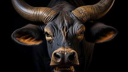Majestic african buffalo portrait isolated on black background for wildlife concept