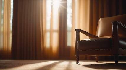 Fototapeta premium Old leather chair in an antique room at dawn in the morning with brown curtains by the window