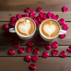 Two coffee cups with a heart shape, Valentine's coffee, Romantic, Coffee with a red rose, latte art, latte coffee 