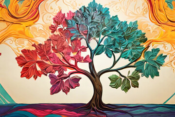 Ebru style colorful tree with leaves on hanging branches illustration background. Generative AI