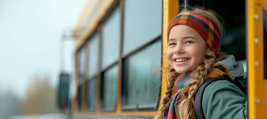 Happy elementary student girl smiling and ready to board the school bus with copy space for text