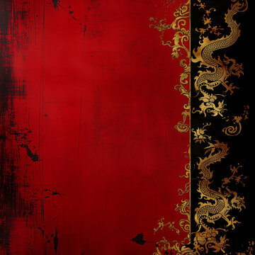 Nouvel an chinois, fête du Têt au Vietnam, fond rouge grunge avec en bordure des corps de dragon dorés sur fond noir Année du Dragon signe astrologique