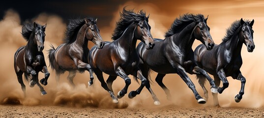 Galloping horses kicking up dust on trail, symbolizing speed, power, and freedom with copy space - obrazy, fototapety, plakaty