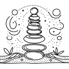 Set of stones pebbles with circles in sand in one continuous line drawing.