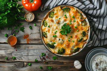Creamy chicken and broccoli bake in a casserole dish. Generative AI