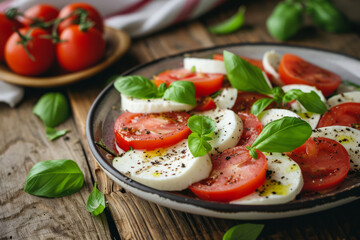 Caprese salad with sliced tomatoes, mozzarella, basil, olive oil. Organic and healthy. Generative AI