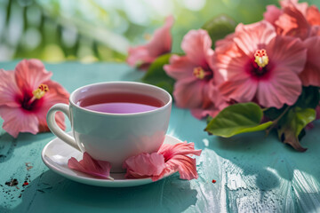 Fototapeta na wymiar Hot hibiscus cup of tea with flowers in the background. Breakfast picnic table setup. Generative AI