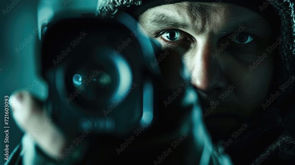 Poster a man holding a camera in front of his face. ideal for photography and technology-related projects