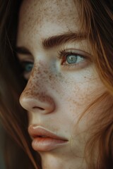 A close-up shot of a woman with freckles on her face. This image can be used to showcase natural beauty or for skincare and cosmetics advertisements