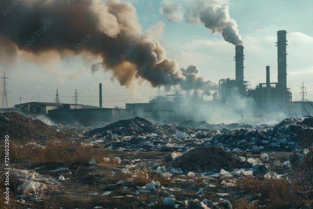 Poster a large pile of garbage emitting smoke. can be used to depict environmental pollution and waste mana