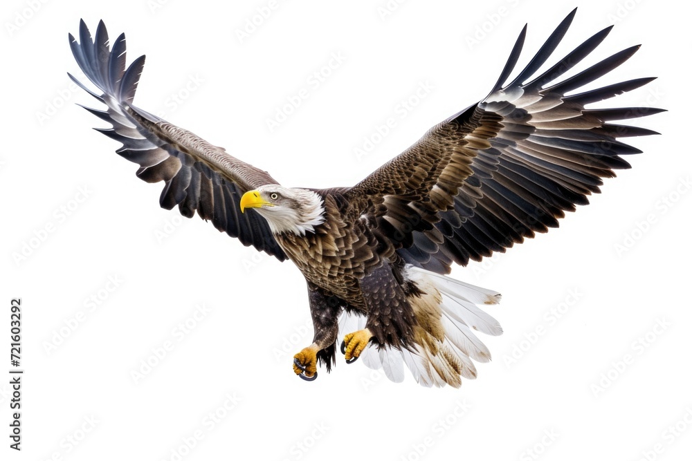 Poster A stunning image capturing a bald eagle soaring through the air with its wings fully extended. Perfect for nature enthusiasts and patriotic themes