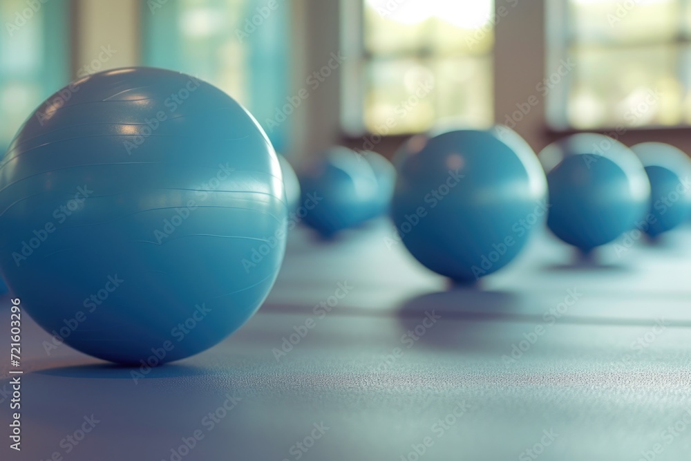 Poster a group of blue balls sitting on top of a floor. can be used for various design projects