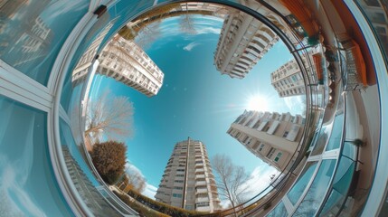 A fish eye view of a city with tall buildings. Perfect for urban-themed designs and architectural projects