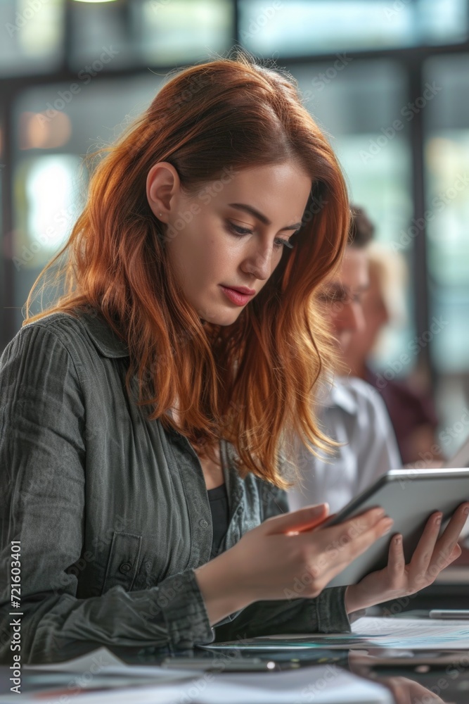 Aufkleber Woman sitting at a table using a tablet computer. Suitable for technology-related projects