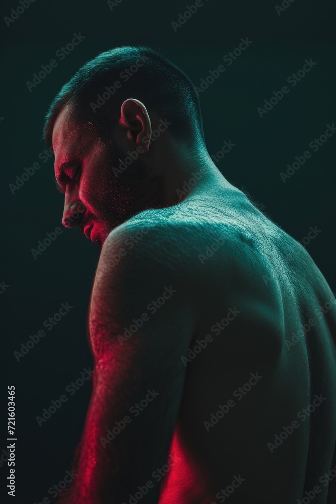 Poster a picture of a man with a beard and no shirt. can be used for various purposes
