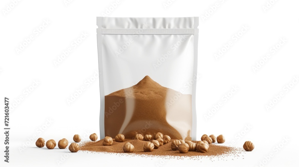 Poster bag of nuts and powder placed on a clean white surface. suitable for various culinary and health-rel