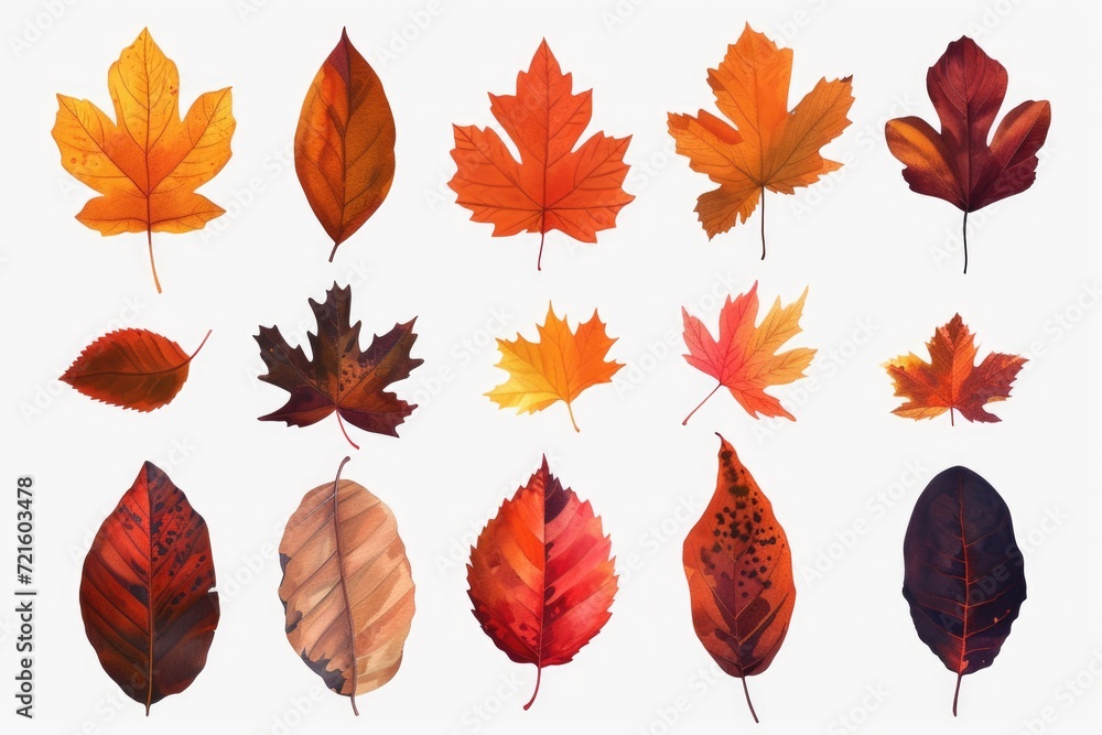 Poster a collection of various colored leaves arranged on a white background. this versatile image can be u