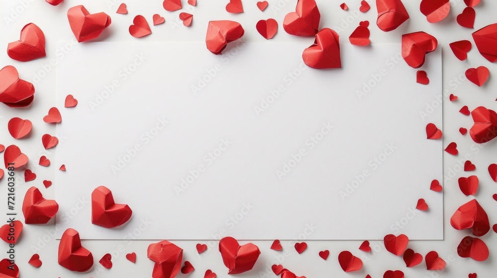Poster a white frame adorned with red paper hearts. perfect for adding a romantic touch to your designs