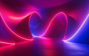 
Renderização 3D, fundo minimalista abstrato. Primavera de néon brilhante, linha simples com loops, gradiente violeta azul rosa vermelho, papel de parede ultravioleta moderno - obrazy, fototapety, plakaty