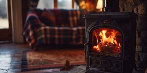 A cozy wood burning stove in a living room, perfect for creating a warm and inviting atmosphere. Ideal for home decor and interior design projects