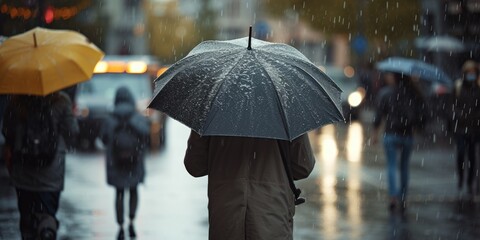 A person holding an umbrella to protect themselves from the rain. Suitable for various uses