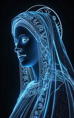 Renderização 3D, retrato de arte abstrata de Nossa senhora aparecida, brilhando com luz neon azul sobre fundo preto