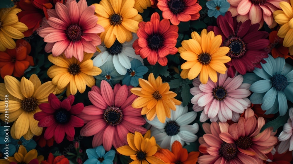 Poster A close-up view of a vibrant bunch of colorful flowers. Perfect for adding a pop of color to any project or design