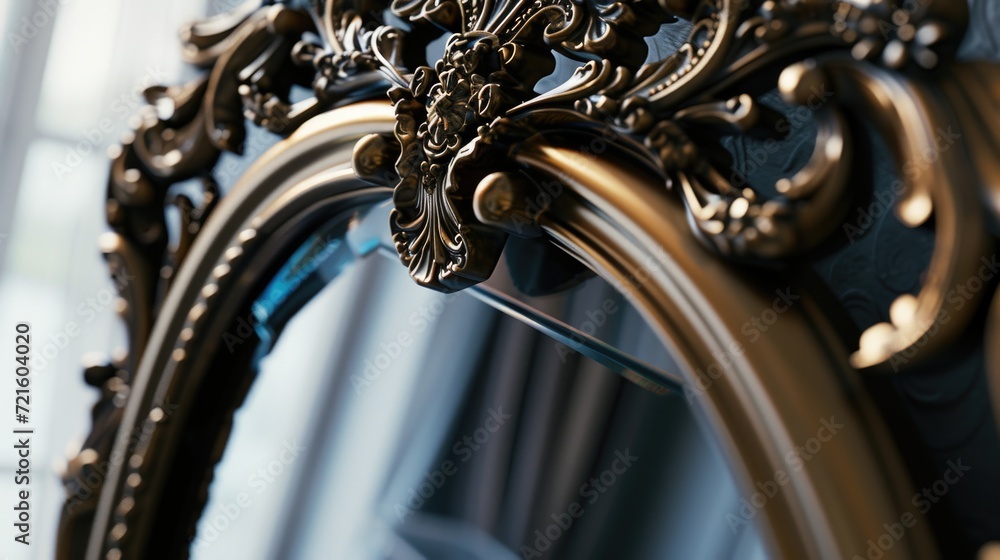 Poster A gold-framed mirror positioned in front of a window. Perfect for adding elegance and natural light to any room