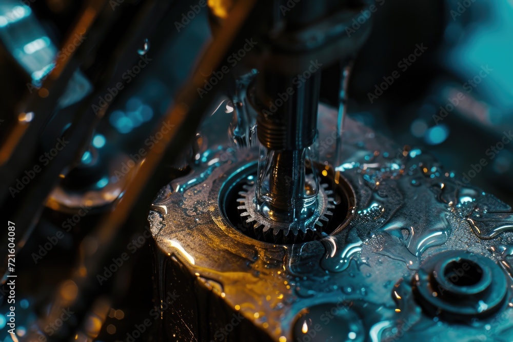 Poster A detailed close-up shot of gears on a machine. This image can be used to illustrate mechanical processes or to represent the concept of precision engineering