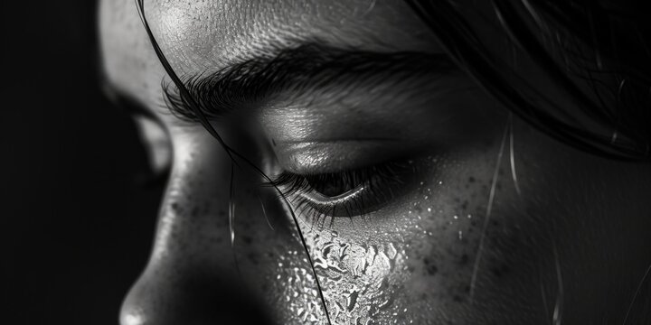 Close-up of a woman's face with tears. Can be used to depict sadness, grief, or emotional pain.