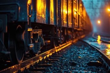 Obraz premium A train traveling down train tracks at night. Perfect for transportation or travel-related projects