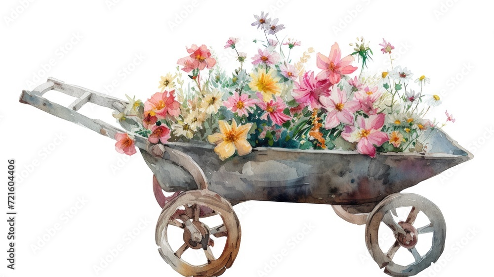 Poster a vibrant watercolor painting of a wheelbarrow filled with an array of beautiful flowers. perfect fo