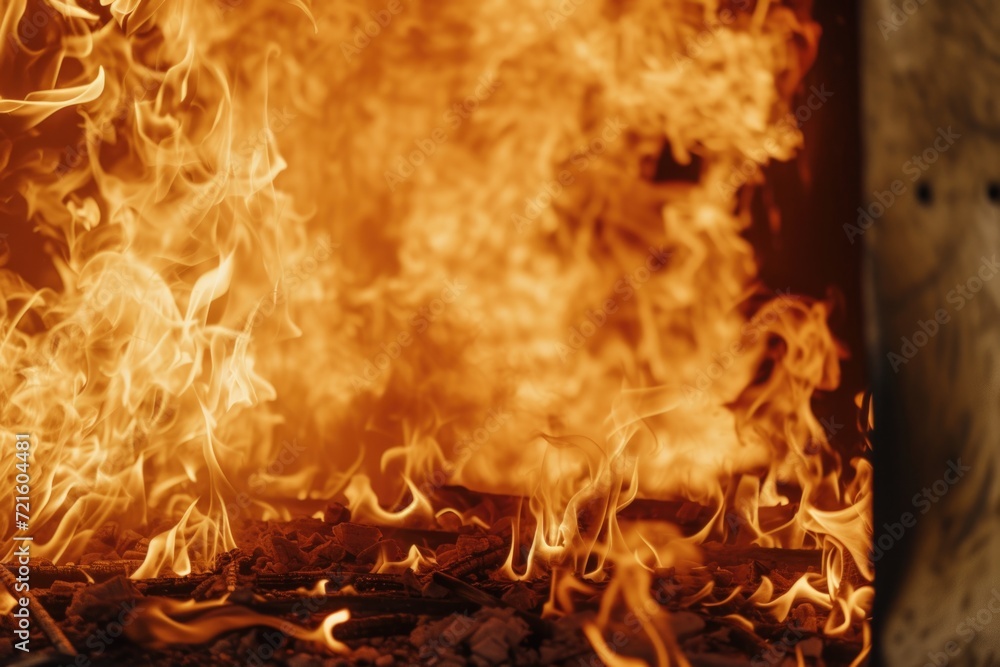 Poster a close-up view of a fire burning in a fireplace. this image can be used to create a cozy and warm a