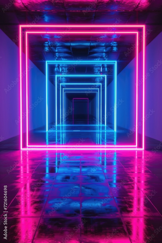 Poster an empty room illuminated by vibrant neon lights. perfect for adding a modern, edgy vibe to your cre