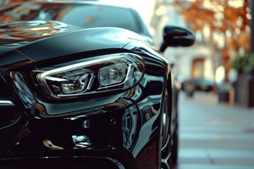 A detailed view of a black car parked on a city street. Perfect for automotive and urban-themed projects