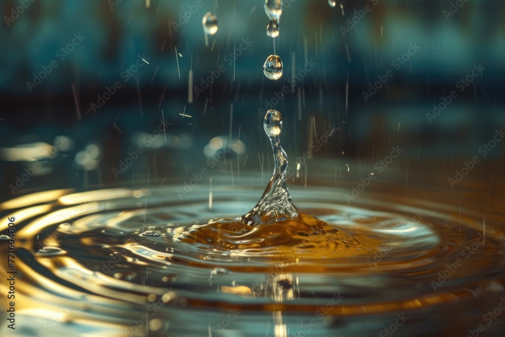 Poster A single drop of water falling into a pool, creating ripples. Suitable for illustrating concepts of fluid dynamics and tranquility