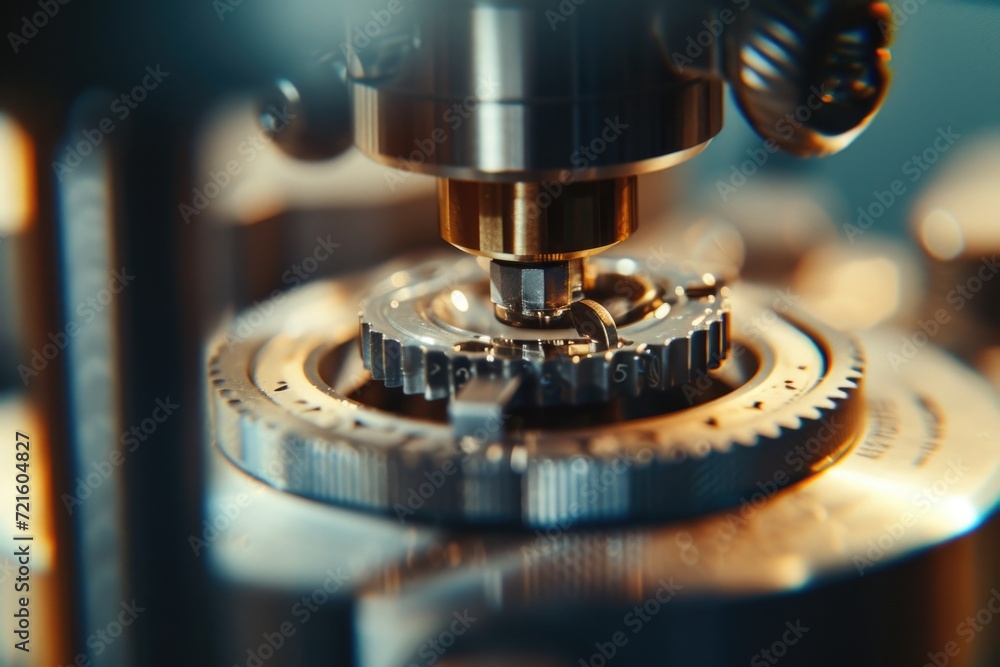 Poster A detailed close-up view of gears on a machine. This image can be used to showcase the intricate workings of machinery