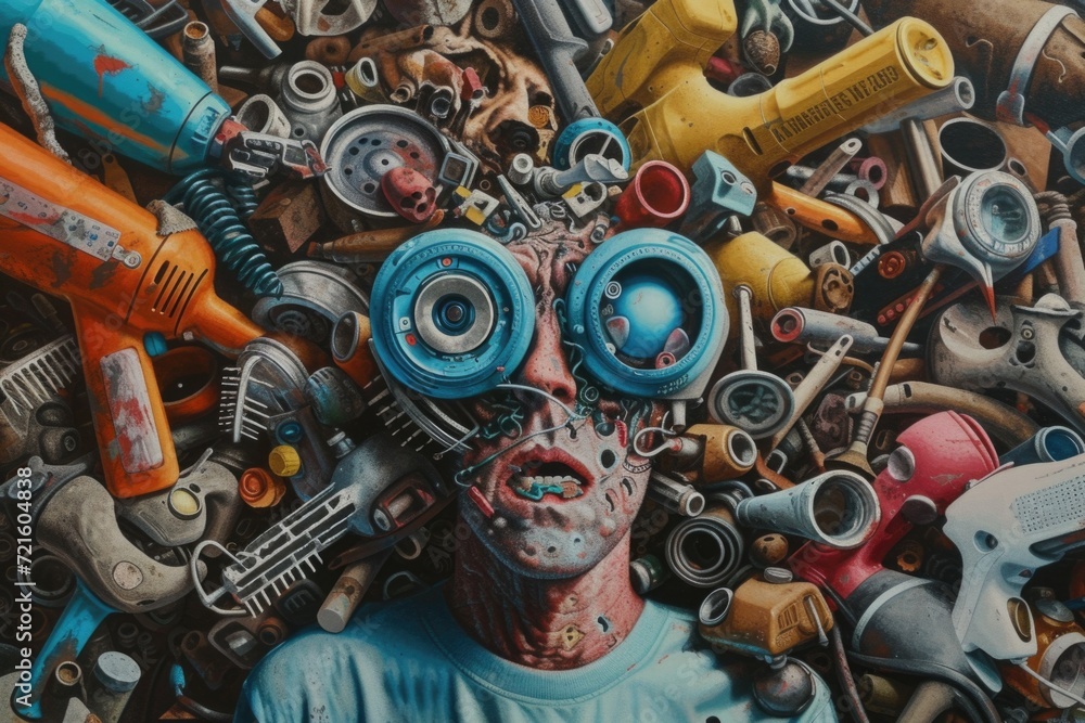 Poster A painting depicting a man surrounded by various objects. This versatile image can be used to represent creativity, clutter, organization, or a unique collection