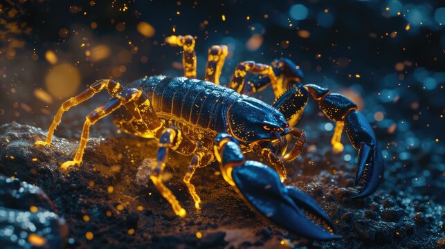 A close up view of a scorpion on the ground. This image can be used to depict wildlife, desert creatures, or dangerous animals