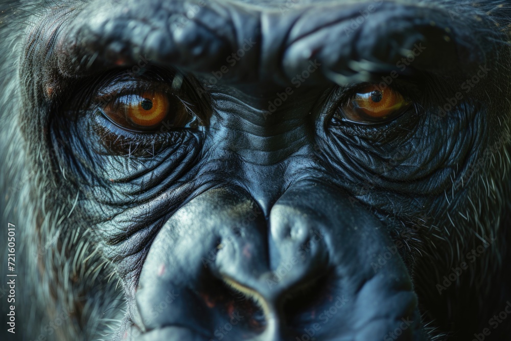 Poster a close-up view of a gorilla's face with a blurry background. perfect for wildlife enthusiasts or ed