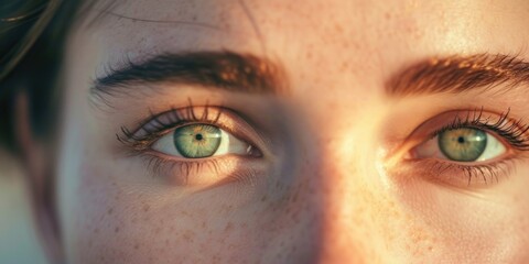 Woman's face close-up showing striking green eyes. Perfect for beauty, fashion, or portrait concepts - obrazy, fototapety, plakaty