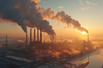 An industrial factory with smoke billowing out of its stacks. This image can be used to depict industrial pollution or manufacturing processes