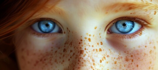 Striking redhead with blue eyes and freckles on pastel background for advertising.