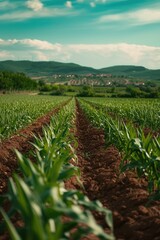 A picturesque field of corn with rolling hills in the background. Perfect for agricultural or rural landscapes