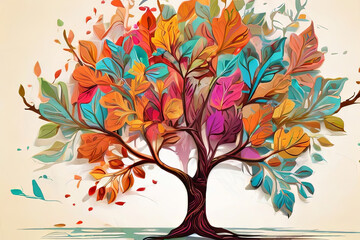 Ebru style colorful tree with leaves on hanging branches illustration background. Generative AI