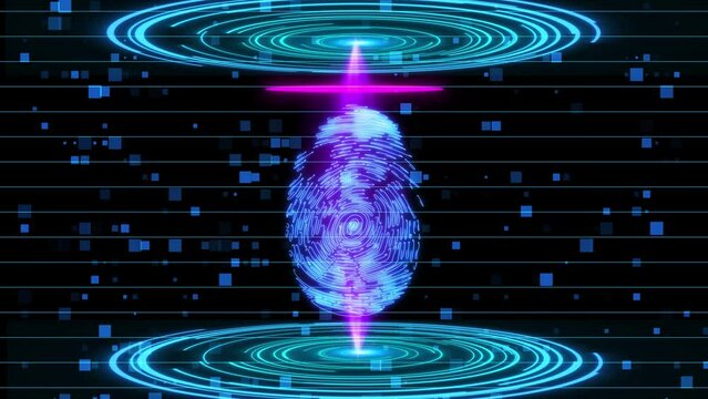 Digital futuristic Biometrical Finger Print Scanner With HUD Ligh Animation, Biometric Fingerprint Scanner System, Fingerprint Scanner Hud Animation Technology Background. Abstract Futuristic Animatio