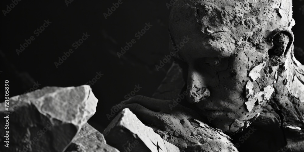 Poster a black and white photo capturing the image of a man statue. ideal for various artistic projects